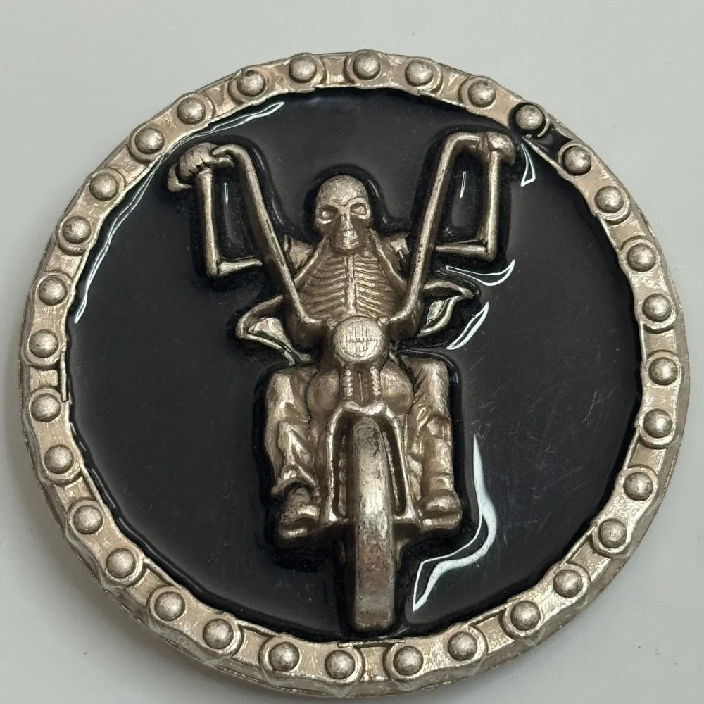 Skeleton Rider Motorcycle Belt Buckle Silver‎ Tone Black Metal Round